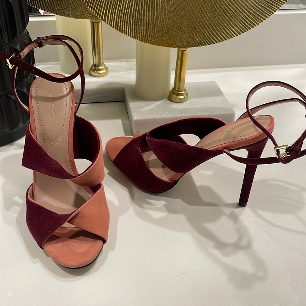 Pink and and Burgundy Suede Open Toe Heels